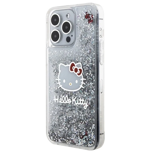 Hello Kitty HKHCP15XLIKHET Apple iPhone 15 Pro Max 6.7″ sidabrinis kietas dėklas Liquid Glitter Charms Kitty