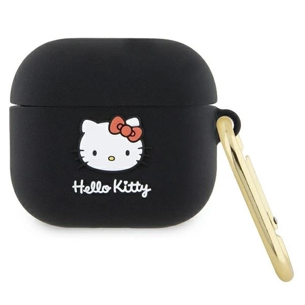 Hello Kitty HKA33DKHSK AirPods 3 dėklas, juodos spalvos, silikoninis, 3D Kitty galvutė