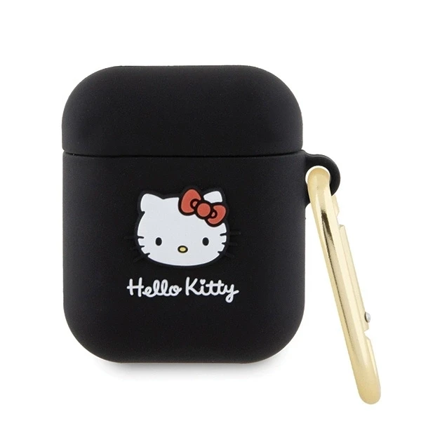 Hello Kitty HKA23DKHSK AirPods 1/2 dėklas, juodos spalvos, silikoninis, 3D Kitty galvutės dizaino