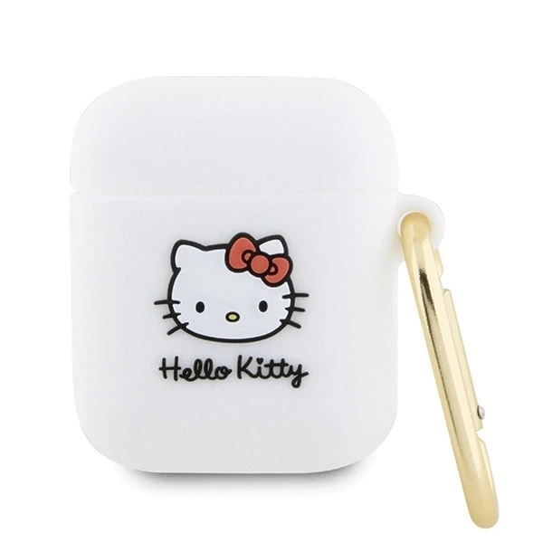 Hello Kitty HKA23DKHSH AirPods 1/2 dėklas, baltos spalvos, silikoninis, 3D Kitty galvutės dizainas