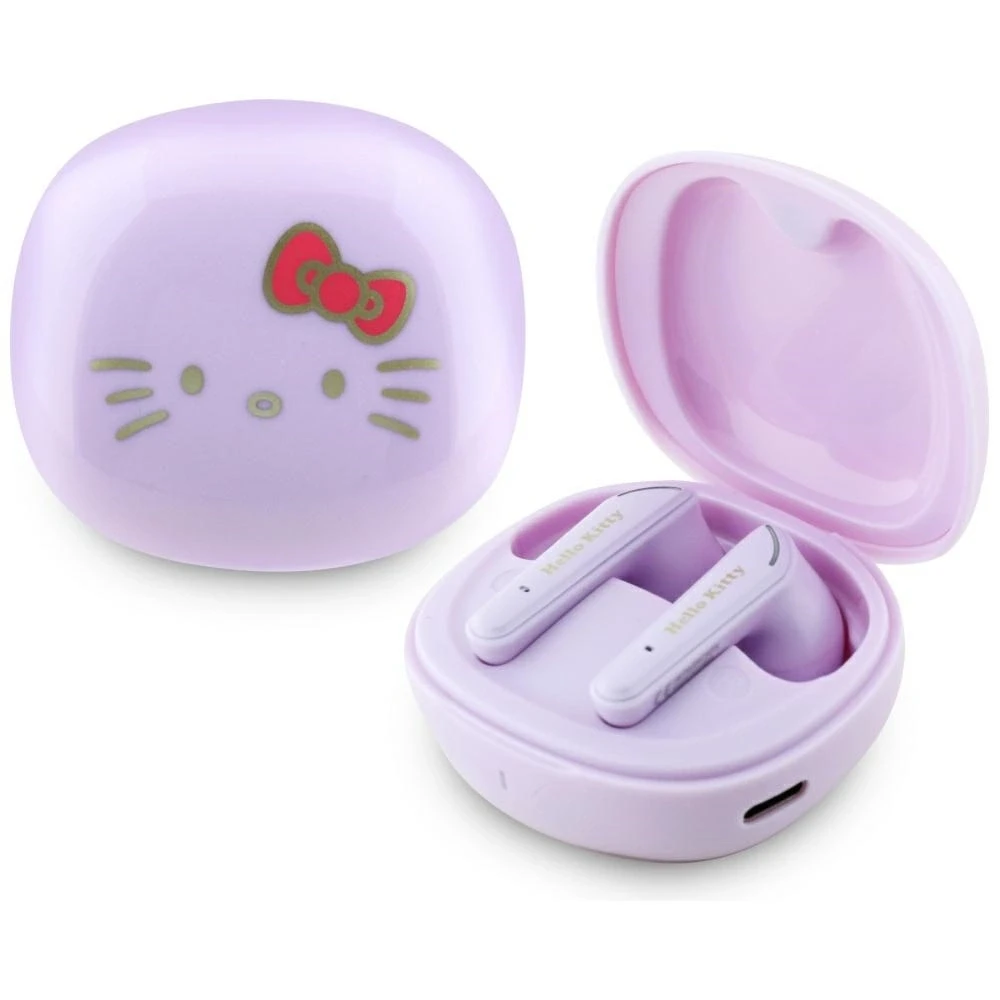 Hello Kitty bevielės ausinės su violetiniu įkrovimo dėklu