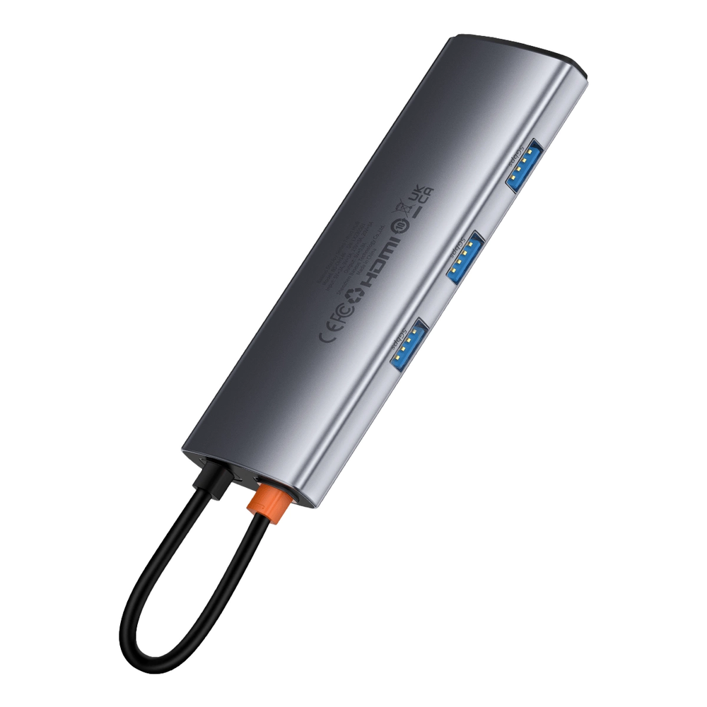 Hub 7in1 Baseus Gleam USB-C iki 1x HDMI4K 60Hz + 3x USB3.0 + 1x PD + 1x SD/TF – pilkas