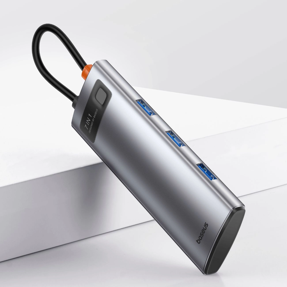 Hub 7in1 Baseus Gleam USB-C iki 1x HDMI4K 60Hz + 3x USB3.0 + 1x PD + 1x SD/TF – pilkas
