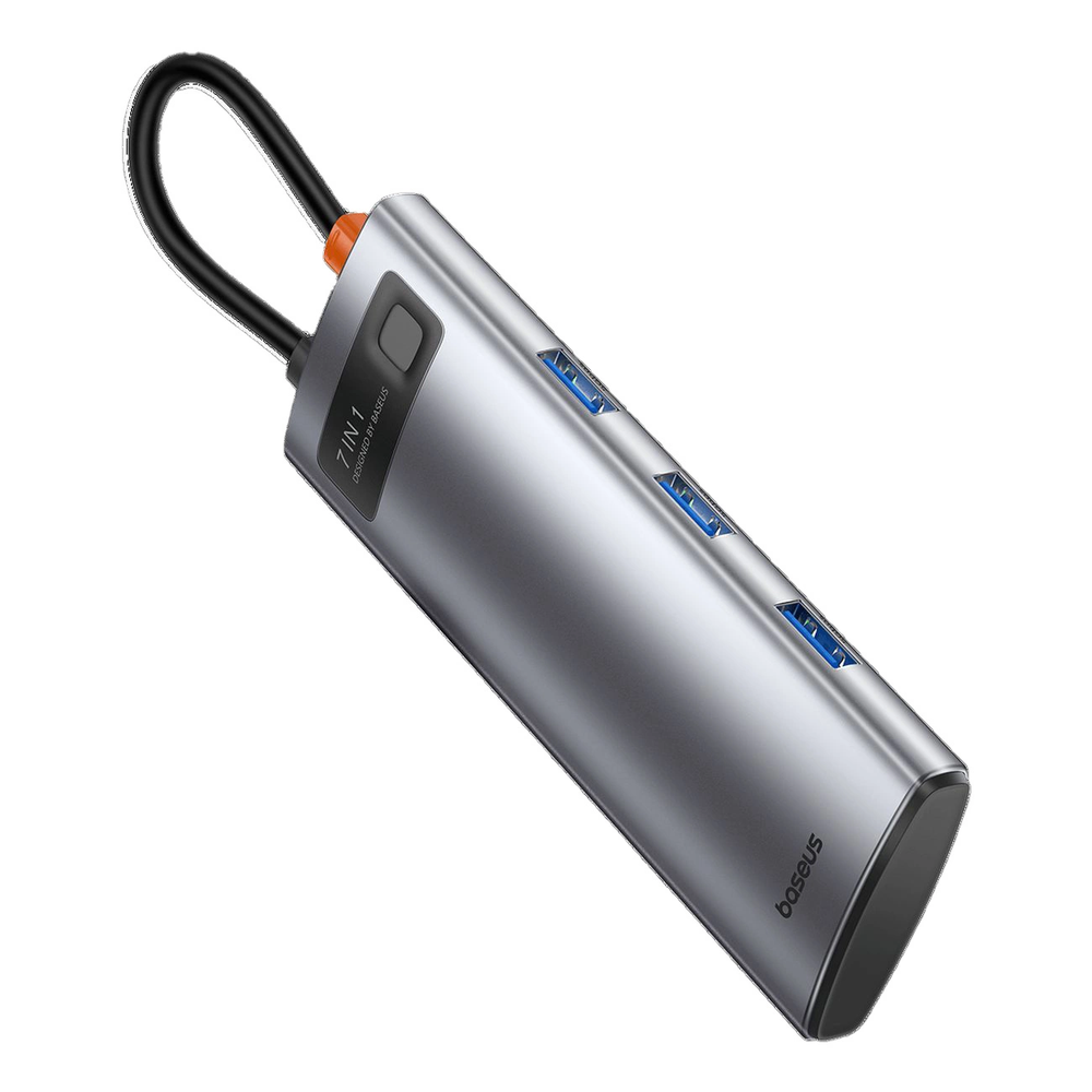 Hub 7in1 Baseus Gleam USB-C iki 1x HDMI4K 60Hz + 3x USB3.0 + 1x PD + 1x SD/TF – pilkas