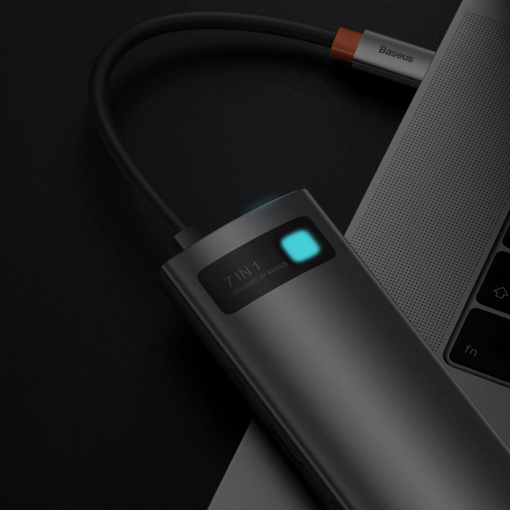 Hub 7in1 Baseus Gleam USB-C iki 1x HDMI4K 60Hz + 3x USB3.0 + 1x PD + 1x SD/TF – pilkas