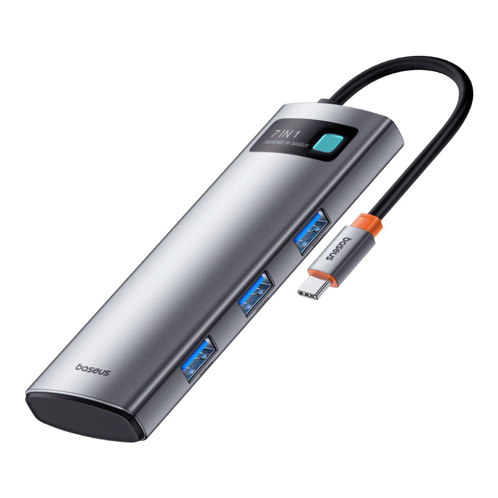 Hub 7in1 Baseus Gleam USB-C iki 1x HDMI4K 60Hz + 3x USB3.0 + 1x PD + 1x SD/TF – pilkas