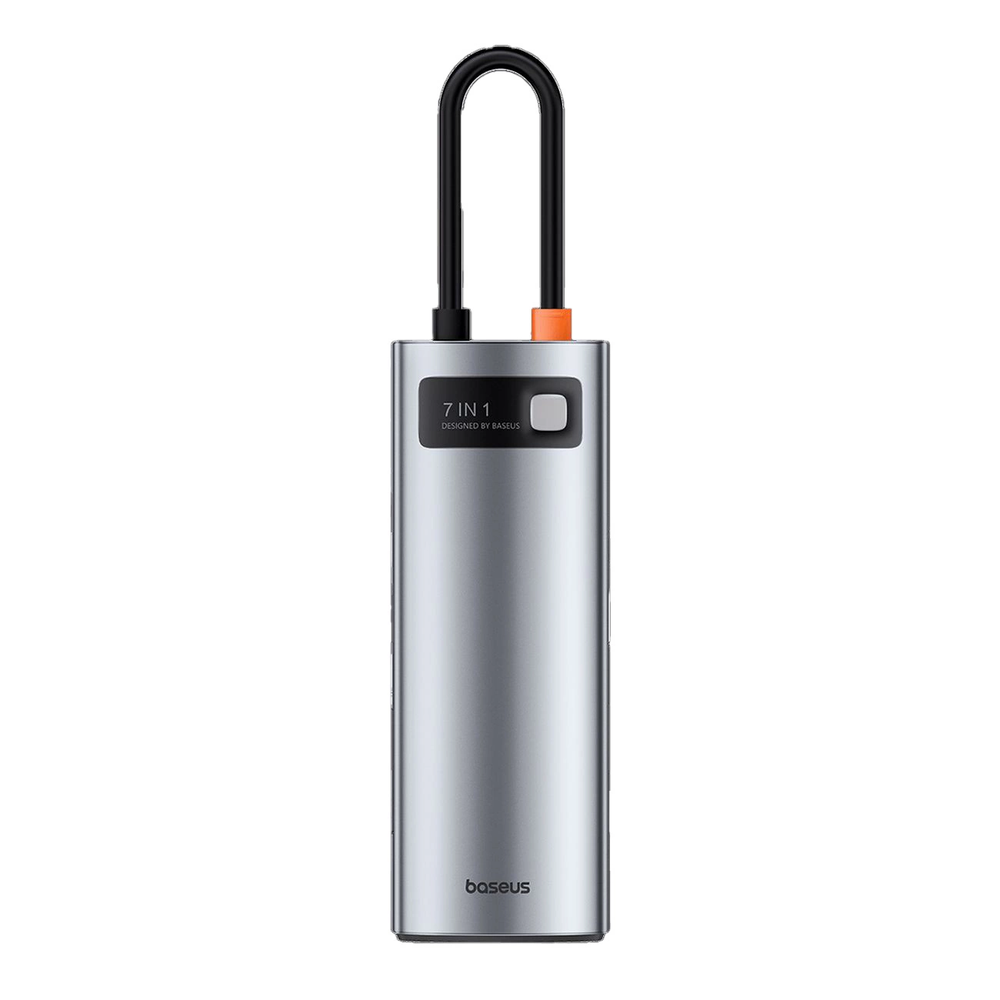 Hub 7in1 Baseus Gleam USB-C iki 1x HDMI4K 60Hz + 3x USB3.0 + 1x PD + 1x SD/TF – pilkas