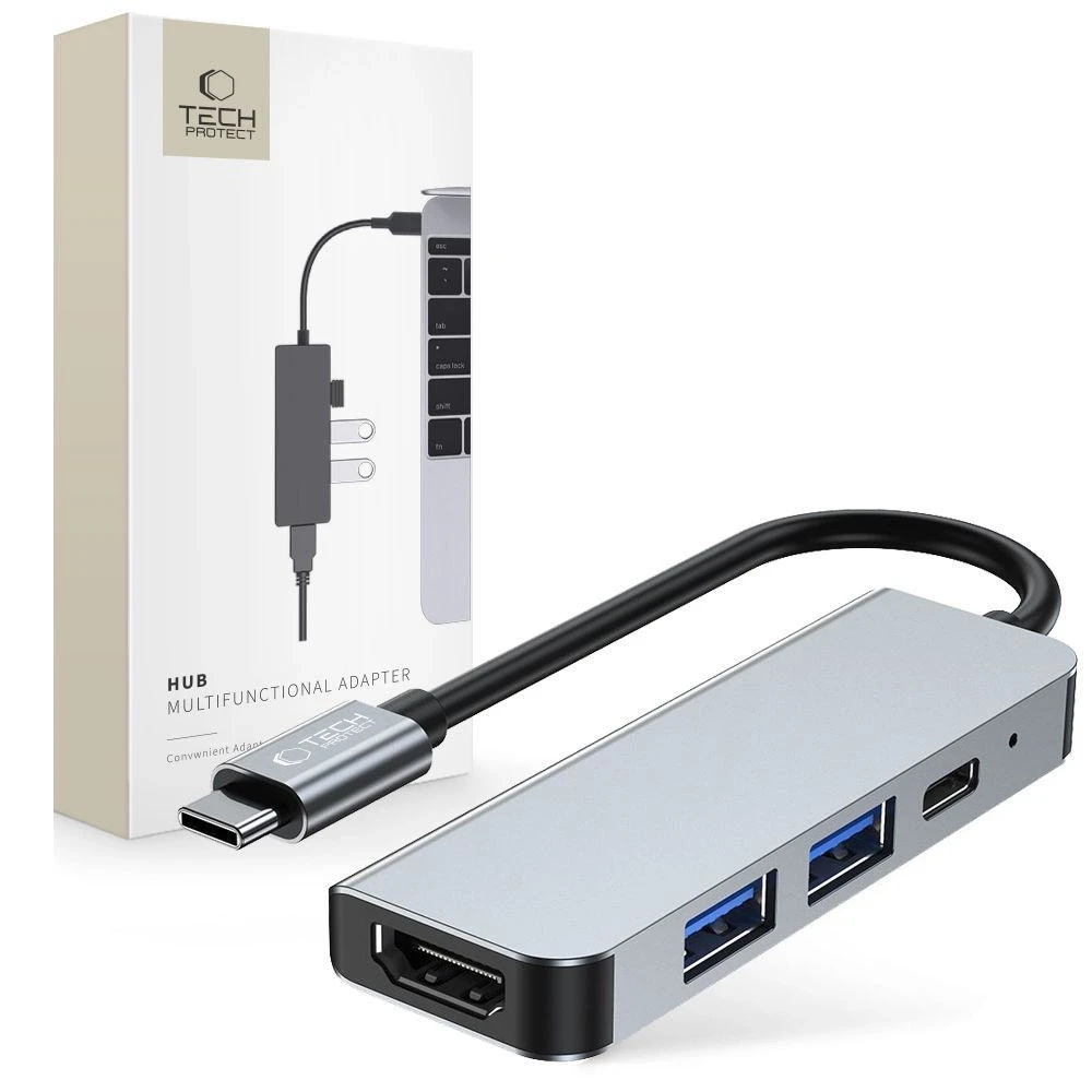 Šakotuvas 4in1 USB HUB USB-C to 2xUSB + HDMi + USB-C Adapteris Tech-Protect V2-HUB pilkos spalvos