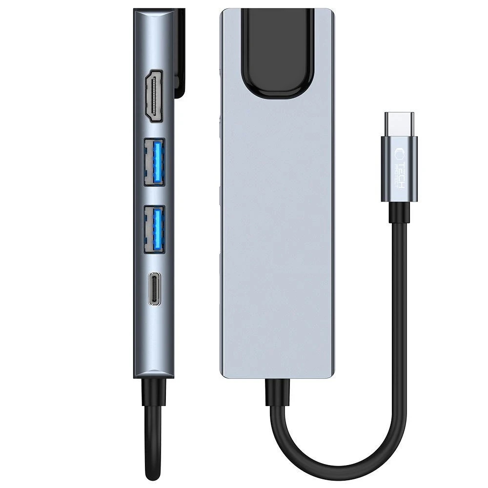 Šakotuvas 5in1 USB HUB USB-C to 2xUSB + HDMi + USB-C + LAN RJ45 Adapteris Tech-Protect V3-HUB pilkos spalvos