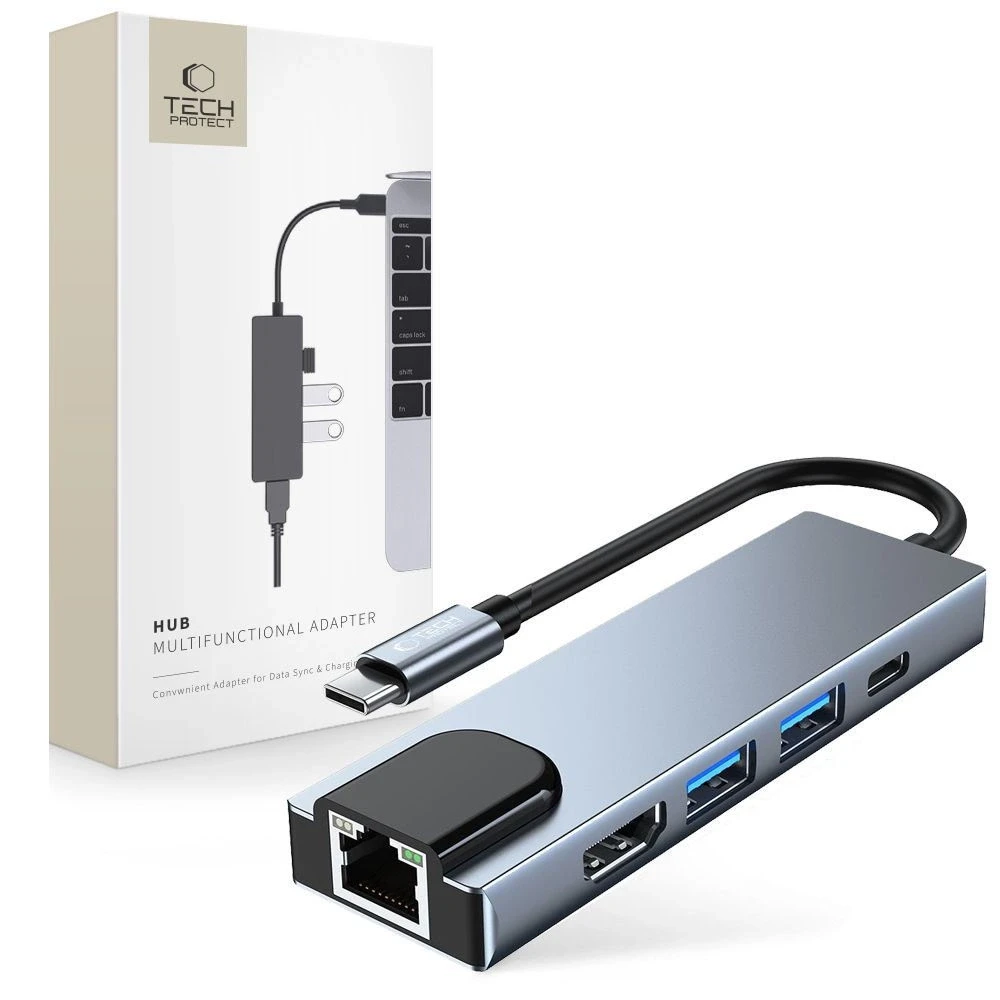 Šakotuvas 5in1 USB HUB USB-C to 2xUSB + HDMi + USB-C + LAN RJ45 Adapteris Tech-Protect V3-HUB pilkos spalvos