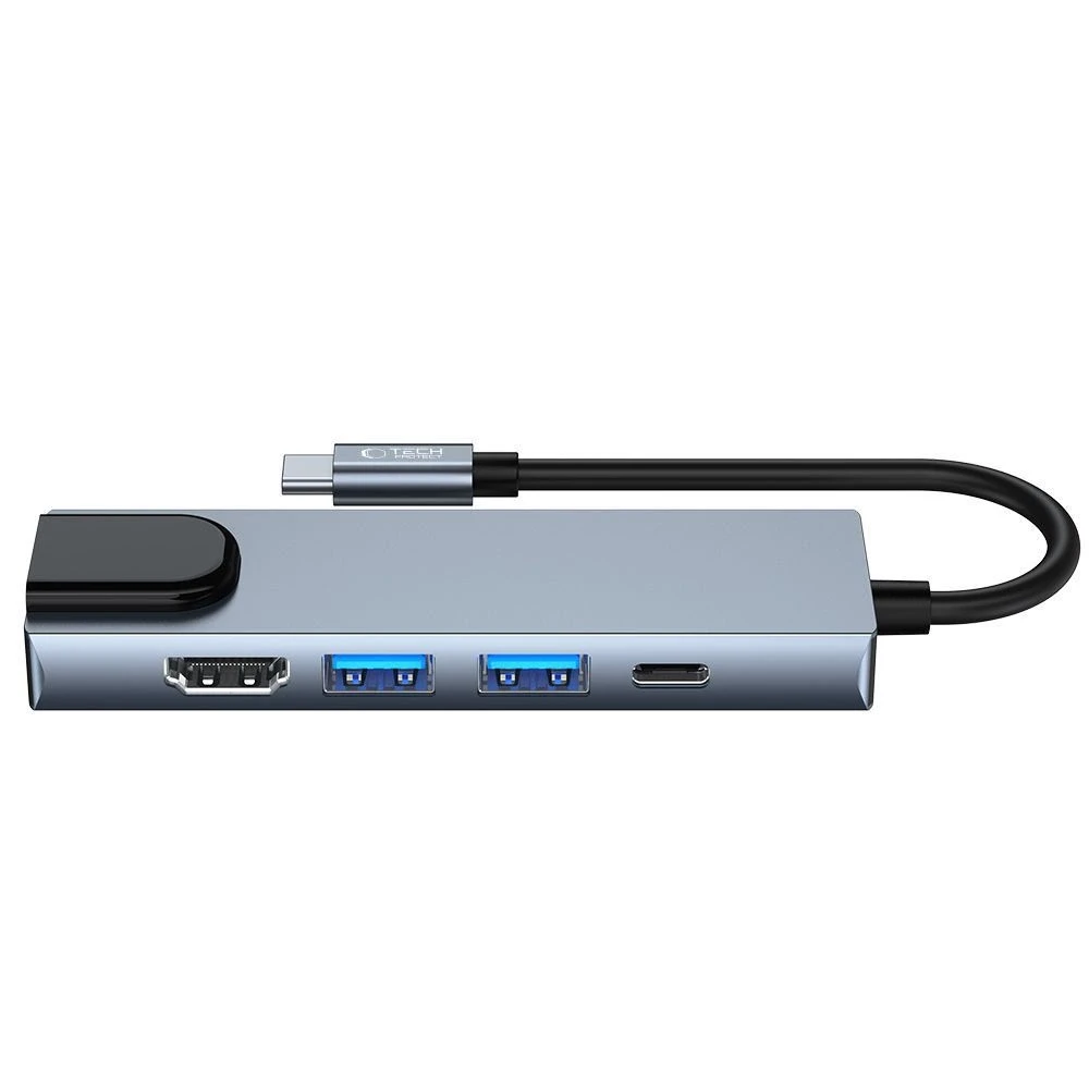Šakotuvas 5in1 USB HUB USB-C to 2xUSB + HDMi + USB-C + LAN RJ45 Adapteris Tech-Protect V3-HUB pilkos spalvos
