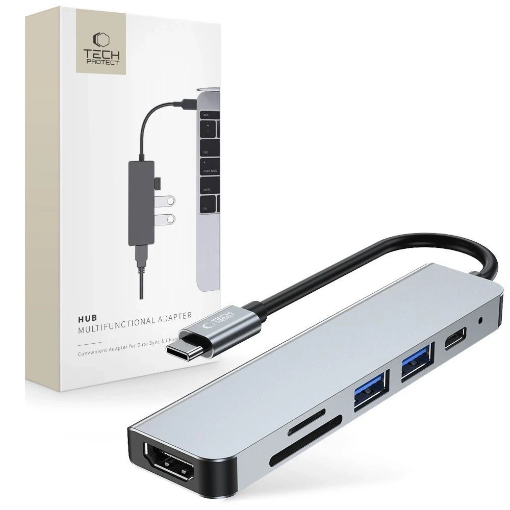 Tech-Protect V4-HUB pilkas 6in1 USB-C adapteris su dėžute