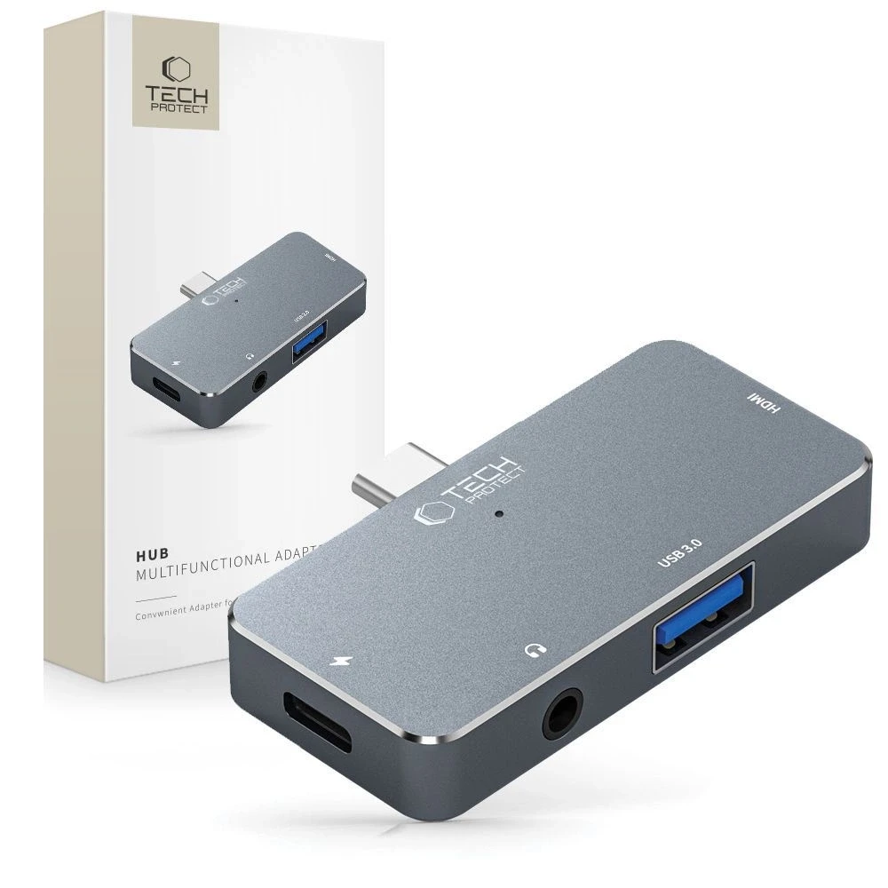 Adapteris HUB 4in1 SB-C – USB + USB-C + HDMI + AUX Minijack 3.5mm Tech-Protect V6 pilkos spalvos