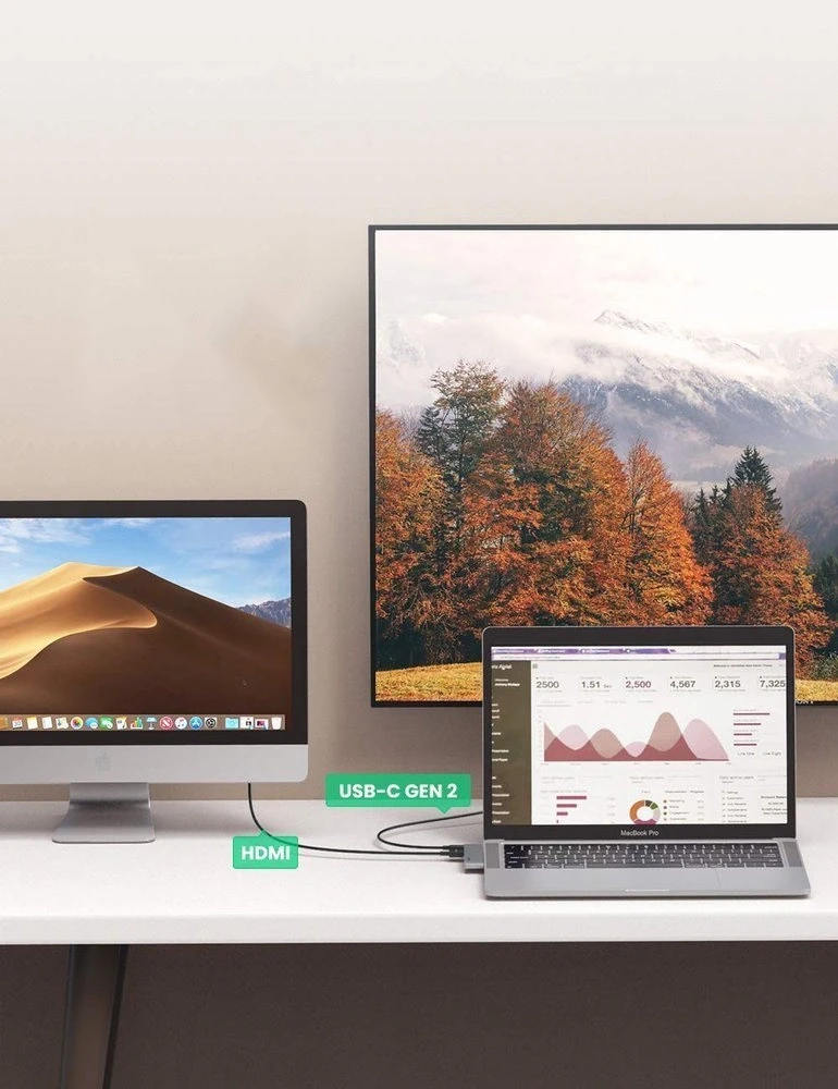 Adapterio šakotuvas UGREEN, 2XUSB_C iki 3x USB 3.0, HDMI