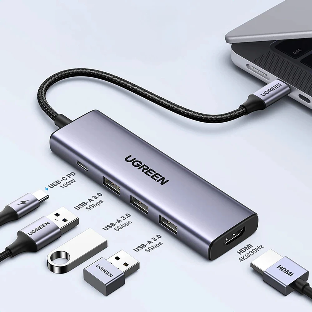 Ugreen CM511 15597 5in1 USB-C šakotuvas – USB-C PD / HDMI / 3x USB-A 3.0 – pilkos spalvos
