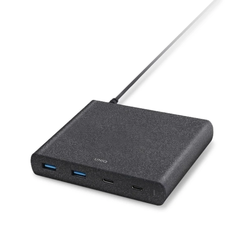 UNIQ laidinis įkroviklis HUB Surge 90W juodos spalvos 2xUSB Quick Charge 3.0 + 2xUSB-C PD 3.0 (LITHOS Collective)