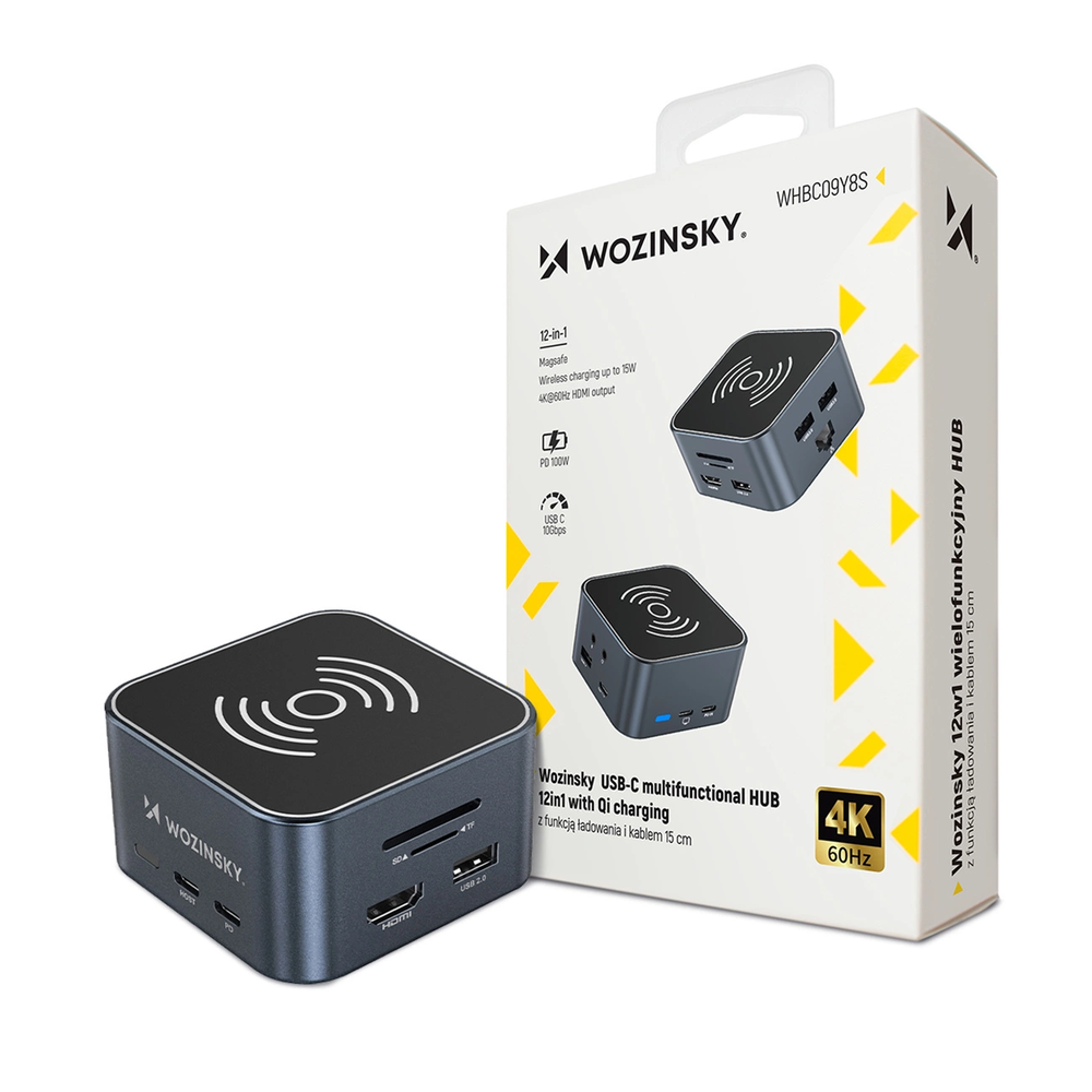 USB-C šakotuvas 12 in 1 Wozinsky WHBC09Y8S daugiafunkcis, su belaidžio įkrovimo funkcija, aliuminis, su 15 cm laidu - pilka