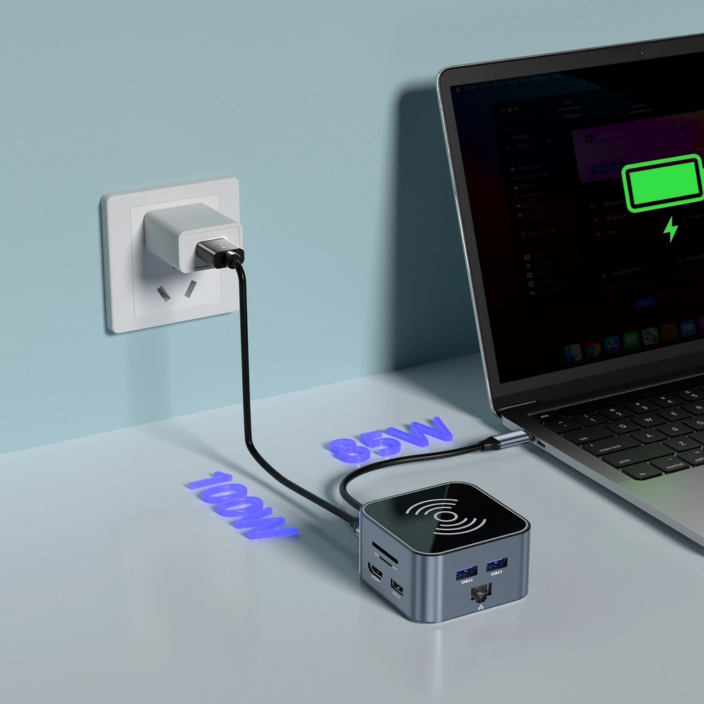 Hub USB-C 12 in 1 Wozinsky WHBC09Y8S multifunctional, with wireless charging function, aluminum, with 15 cm cable – pilkos spalvos