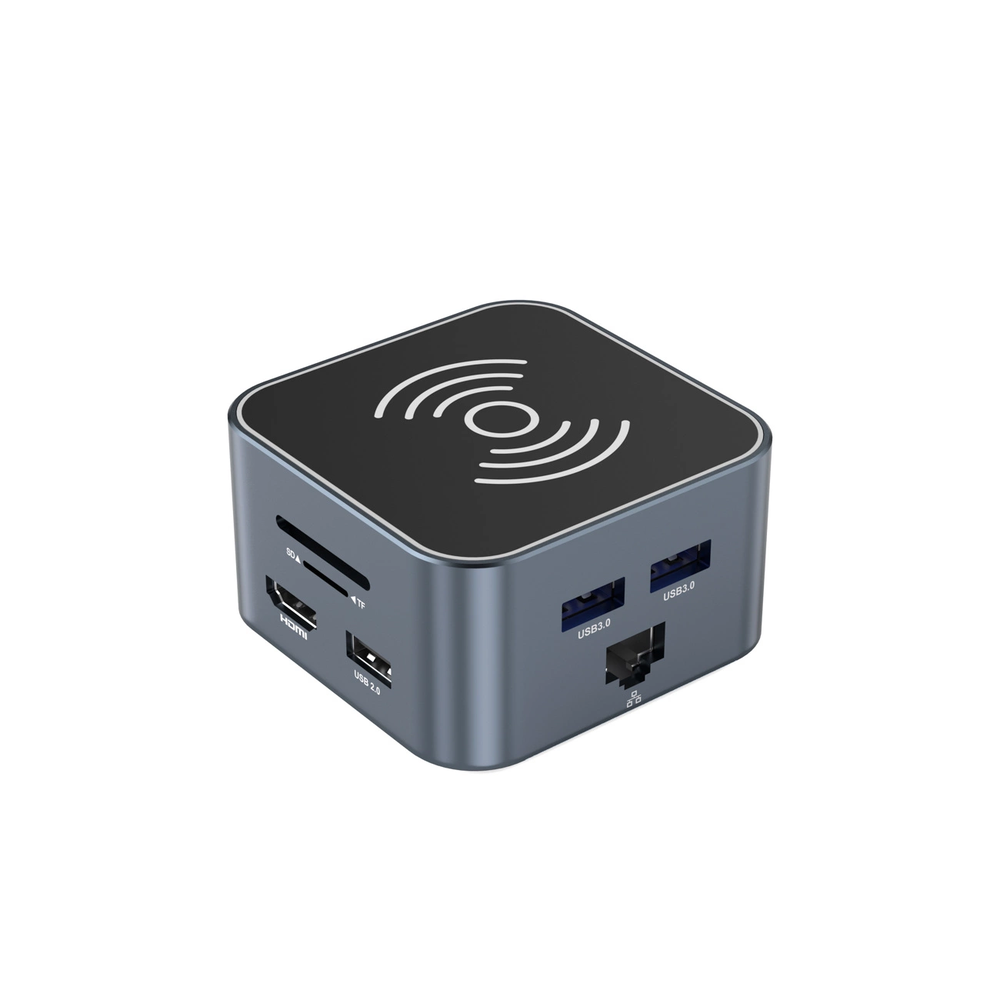 Hub USB-C 12 in 1 Wozinsky WHBC09Y8S multifunctional, with wireless charging function, aluminum, with 15 cm cable – pilkos spalvos