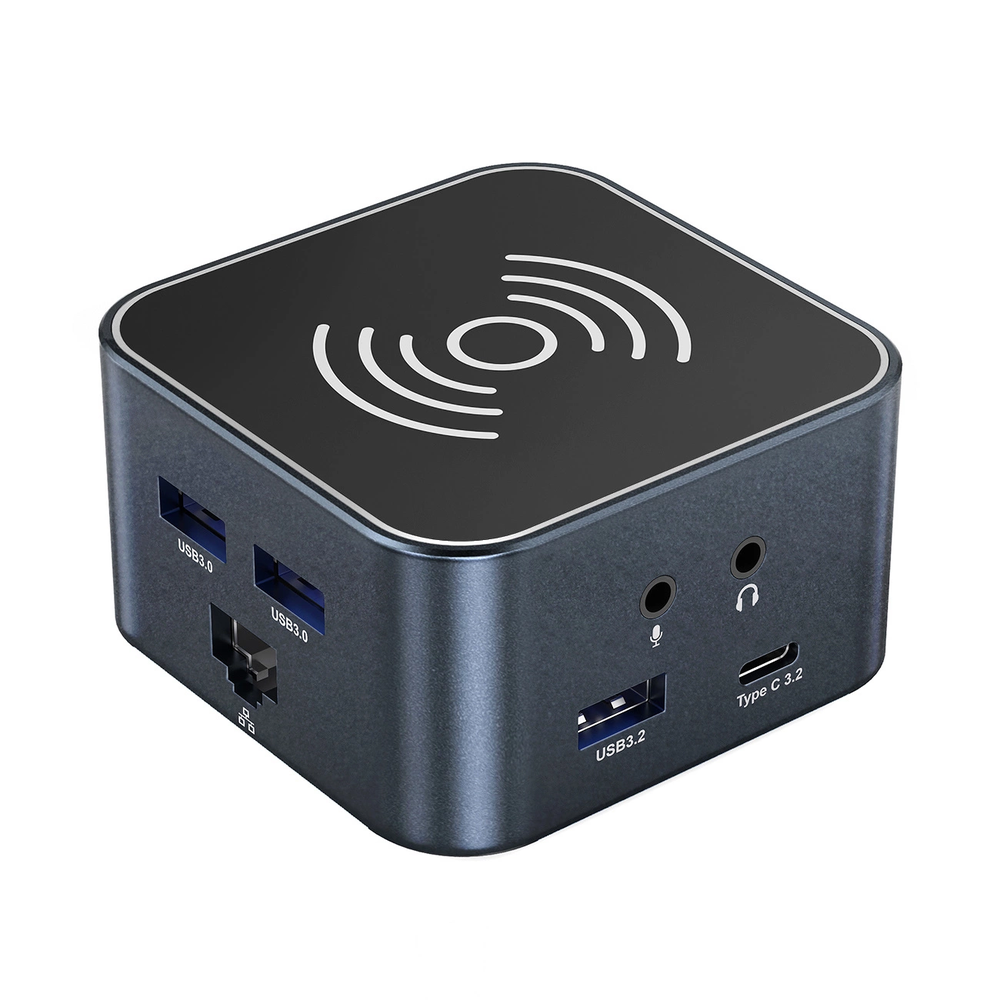 USB-C šakotuvas 12 in 1 Wozinsky WHBC09Y8S daugiafunkcis, su belaidžio įkrovimo funkcija, aliuminis, su 15 cm laidu - pilka