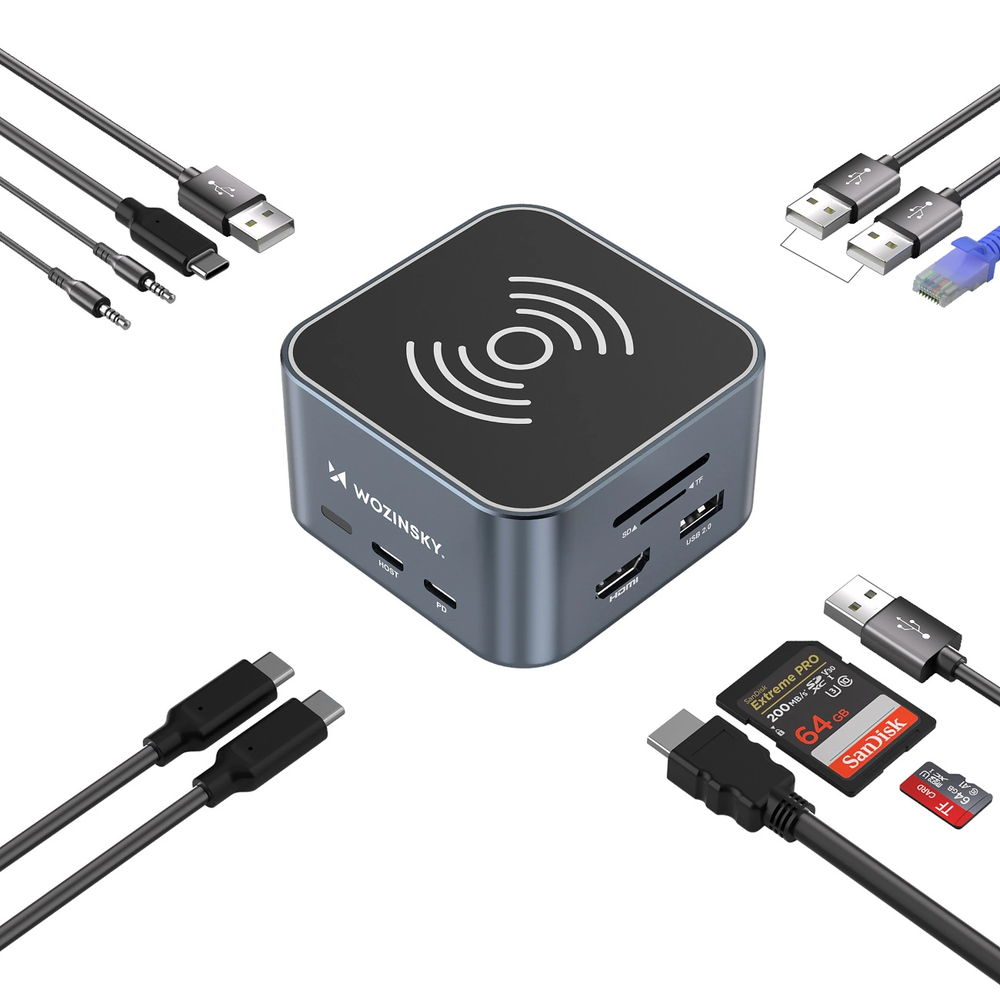 Hub USB-C 12 in 1 Wozinsky WHBC09Y8S multifunctional, with wireless charging function, aluminum, with 15 cm cable – pilkos spalvos