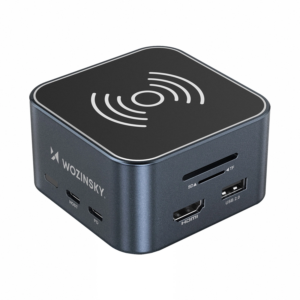 USB-C šakotuvas 12 in 1 Wozinsky WHBC09Y8S daugiafunkcis, su belaidžio įkrovimo funkcija, aliuminis, su 15 cm laidu - pilka