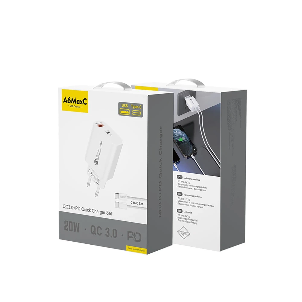 Hurtel A6MaxL 20W USB-A USB-C laidinis įkroviklis su USB-C – USB-C 1m kabeliu – baltos spalvos