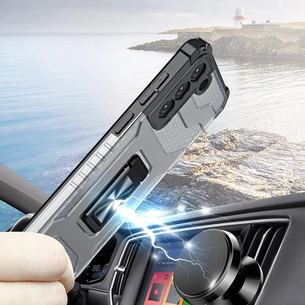 Hurtel Crystal Ring dėklas + magnetinis laikiklis Samsung Galaxy S22 + (S22 Plus), mėlynas