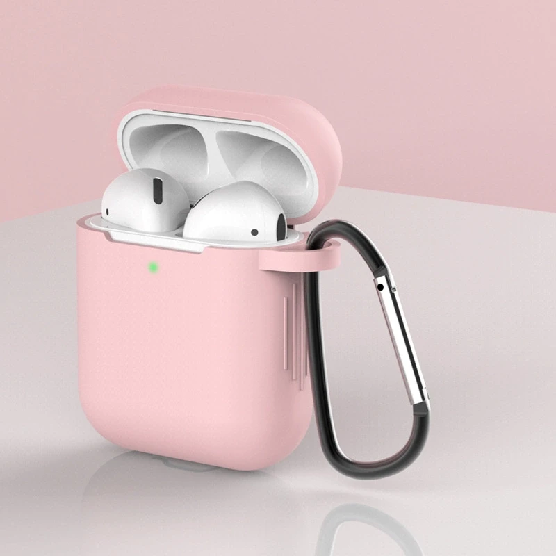 Hurtel dėklas skirtas AirPods 2 / AirPods 1 silicone soft dėklas skirtas headphones + keychain carabiner pendant rožinės spalvos (case D)