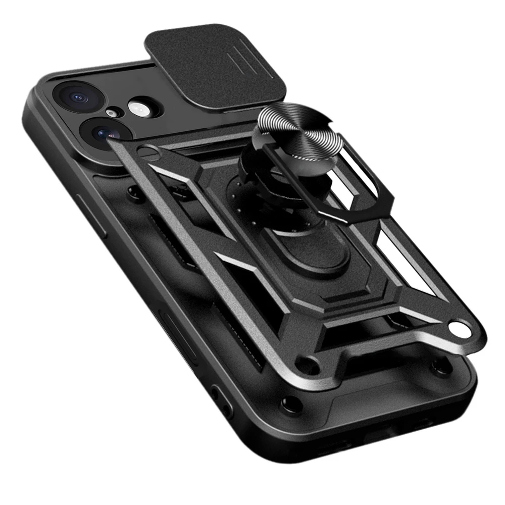 Hurtel Hybrid Armor Camshield Apple iPhone 17 dėklas su stoveliu and Camera Cover – juodos spalvos