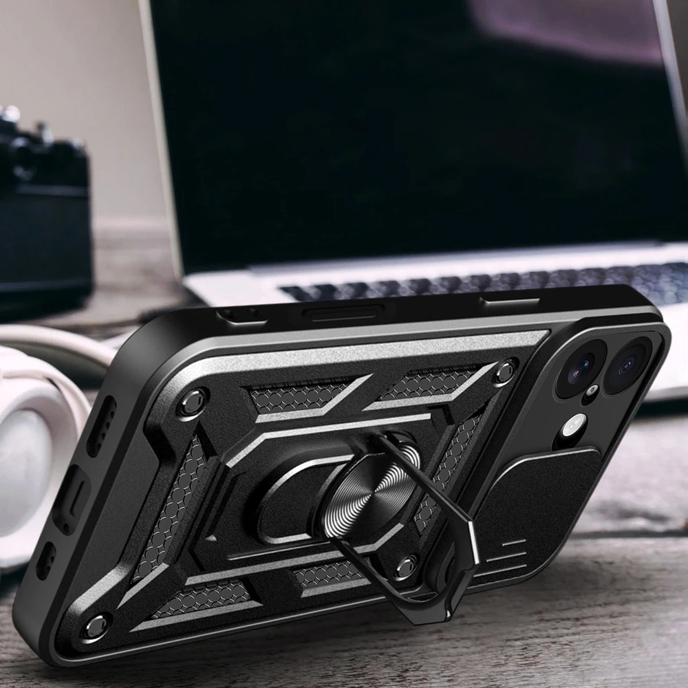 Hurtel Hybrid Armor Camshield Apple iPhone 17 dėklas su stoveliu and Camera Cover – juodos spalvos