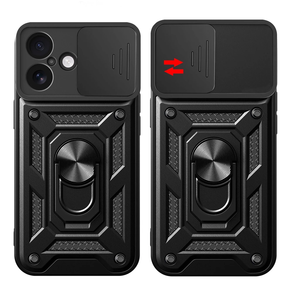 Hurtel Hybrid Armor Camshield Apple iPhone 17 dėklas su stoveliu and Camera Cover – juodos spalvos