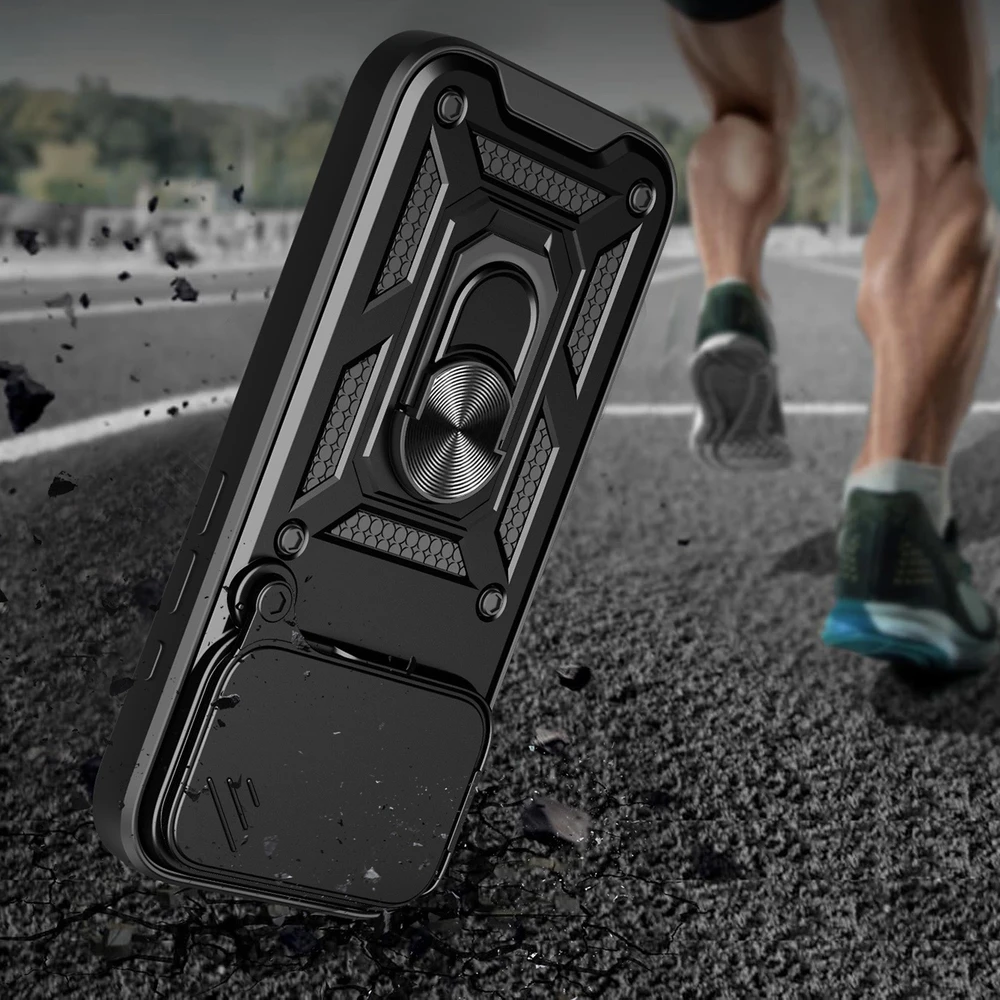 Hurtel Dėklas Hybrid Armor Camshield skirtas Apple iPhone 17 Pro Max šarvuotas su stoveliu ir kameros apsauga – juodos spalvos