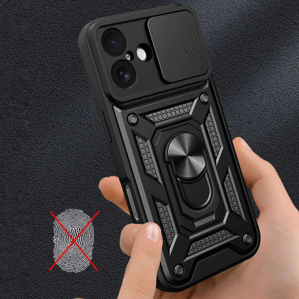 Hurtel Hybrid Armor Camshield Apple iPhone 17 dėklas su stoveliu and Camera Cover – juodos spalvos