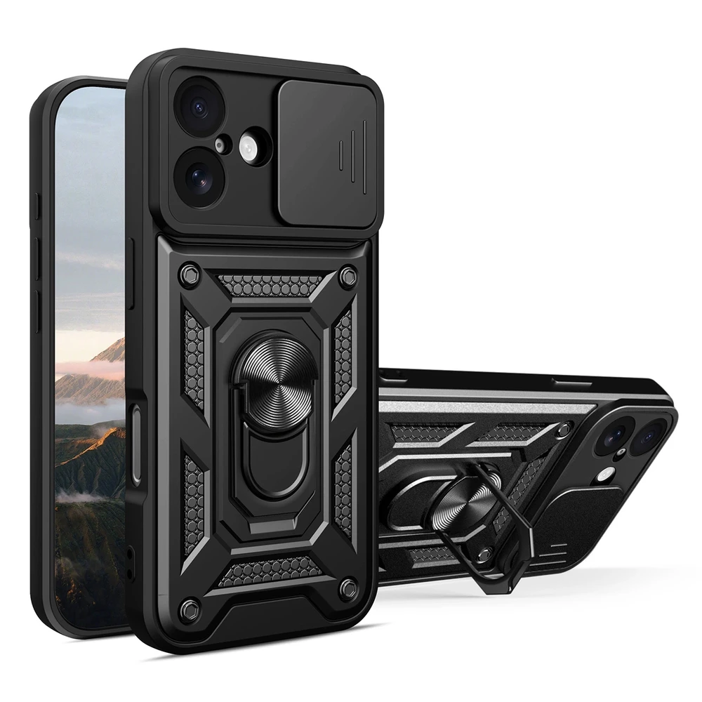 Hurtel Hybrid Armor Camshield Apple iPhone 17 dėklas su stoveliu and Camera Cover – juodos spalvos