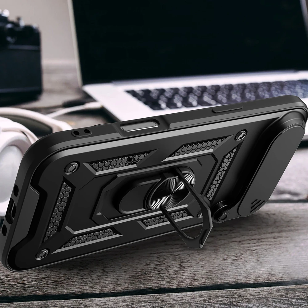 Hurtel Dėklas Hybrid Armor Camshield skirtas Apple iPhone 17 Air šarvuotas su stoveliu ir kameros apsauga – juodos spalvos