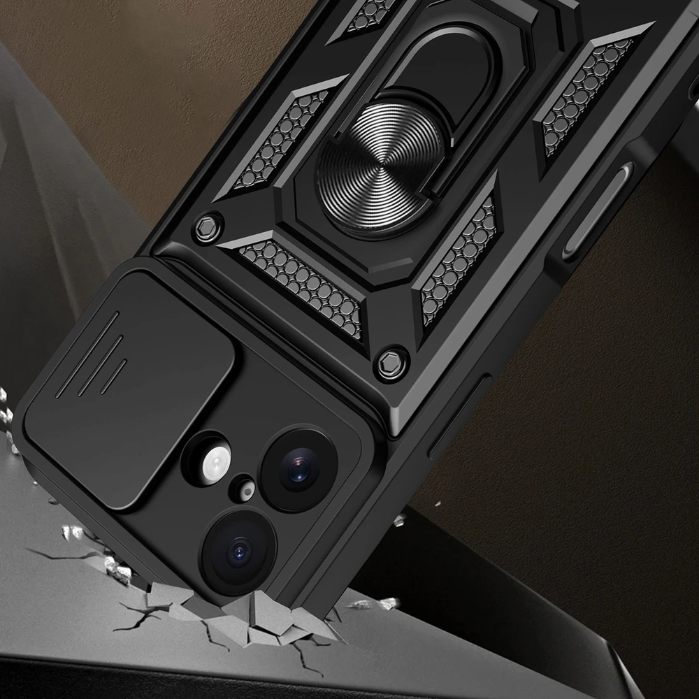 Hurtel Hybrid Armor Camshield Apple iPhone 17 dėklas su stoveliu and Camera Cover – juodos spalvos