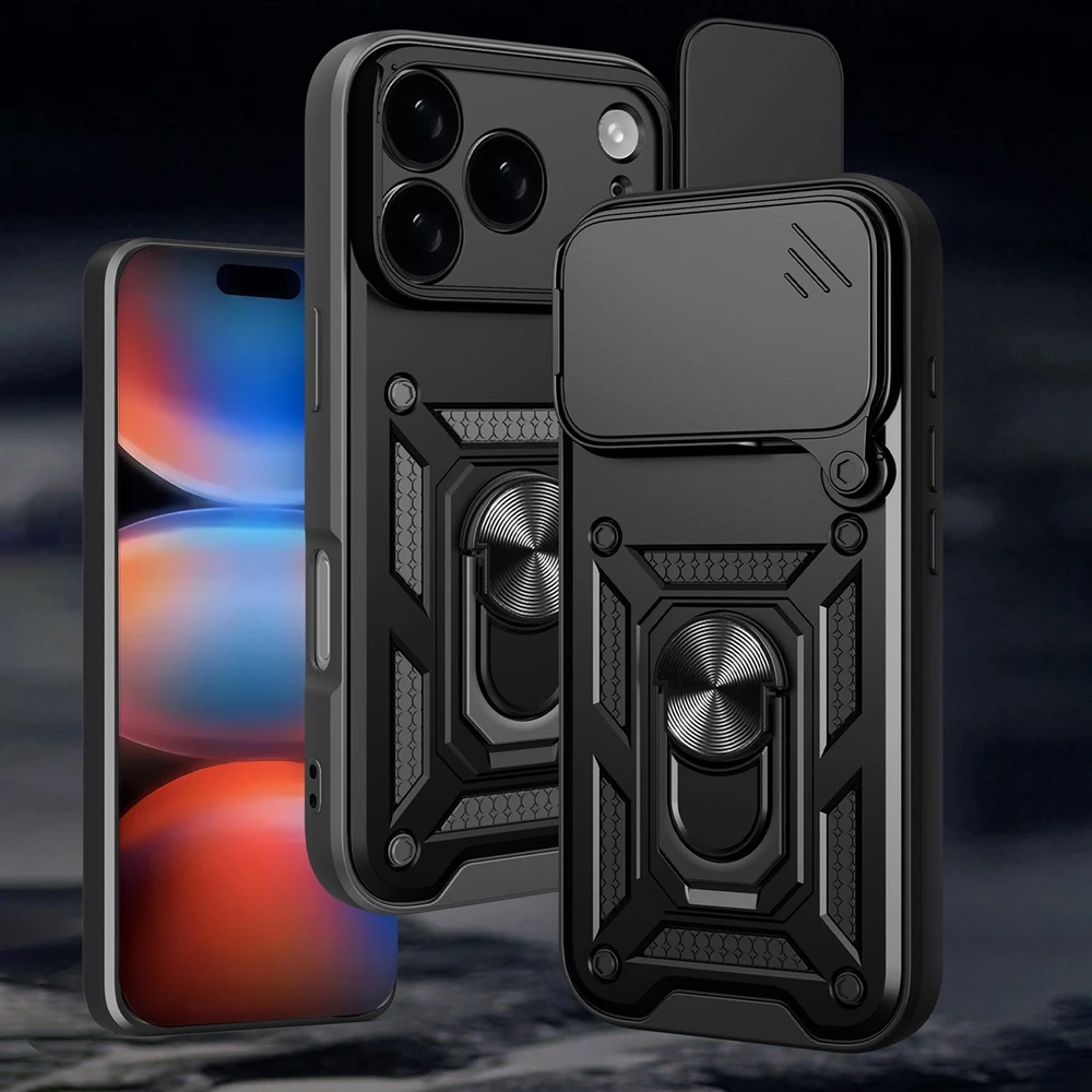Hurtel Dėklas Hybrid Armor Camshield skirtas Apple iPhone 17 Pro Max šarvuotas su stoveliu ir kameros apsauga – juodos spalvos