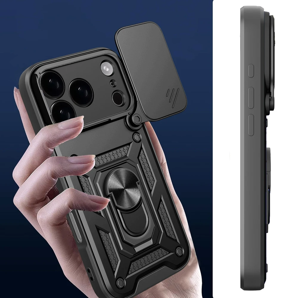 Hurtel Dėklas Hybrid Armor Camshield skirtas Apple iPhone 17 Pro Max šarvuotas su stoveliu ir kameros apsauga – juodos spalvos