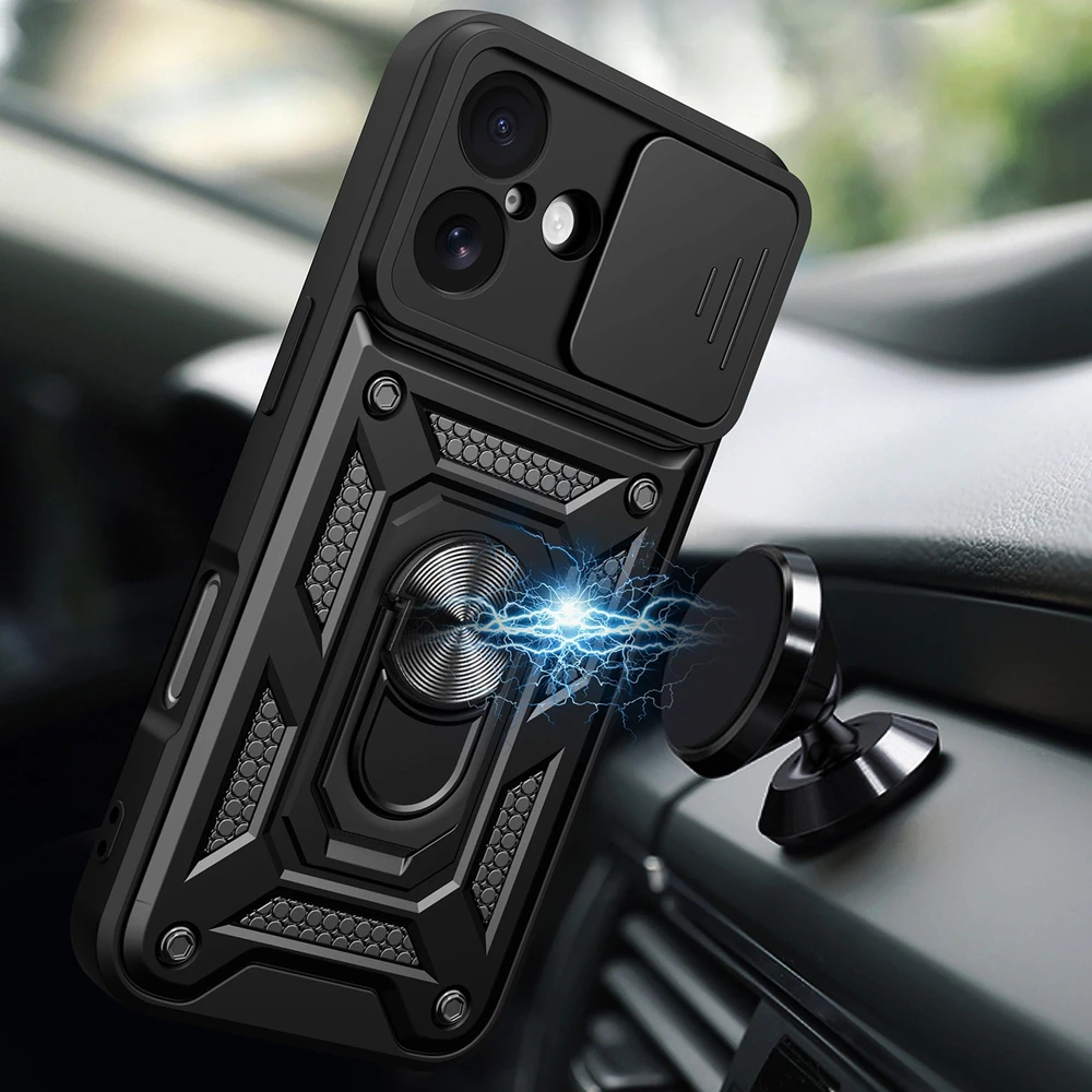 Hurtel Hybrid Armor Camshield Apple iPhone 17 dėklas su stoveliu and Camera Cover – juodos spalvos