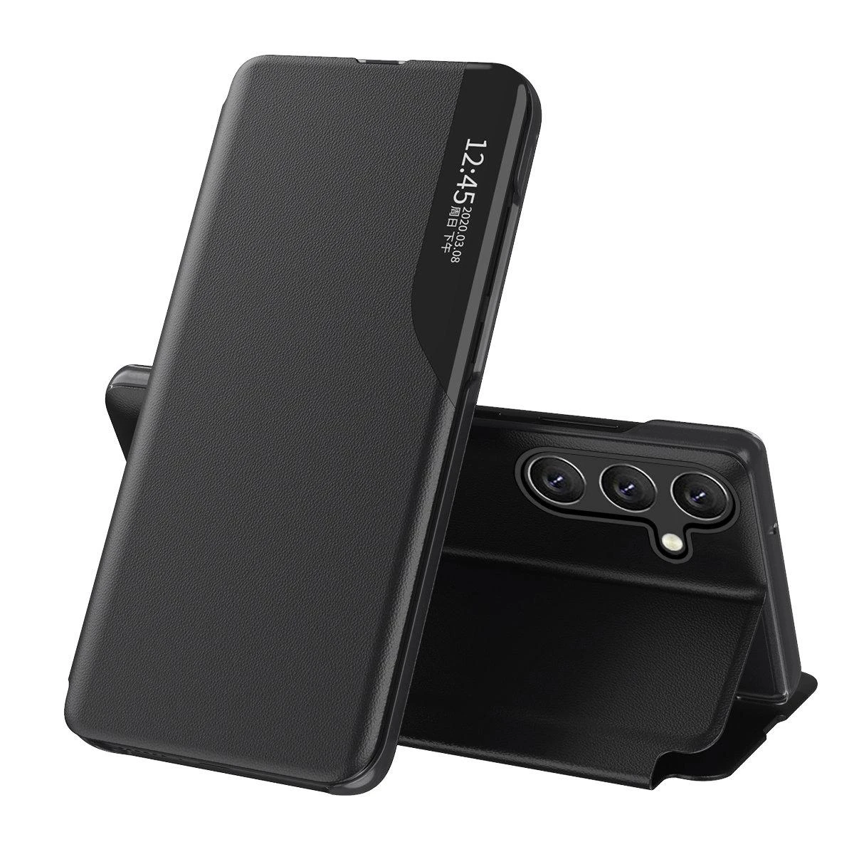 Hurtel Eco Leather View Samsung Galaxy A24 4G atverčiamas su stoveliu dėklas telefonui juodos spalvos