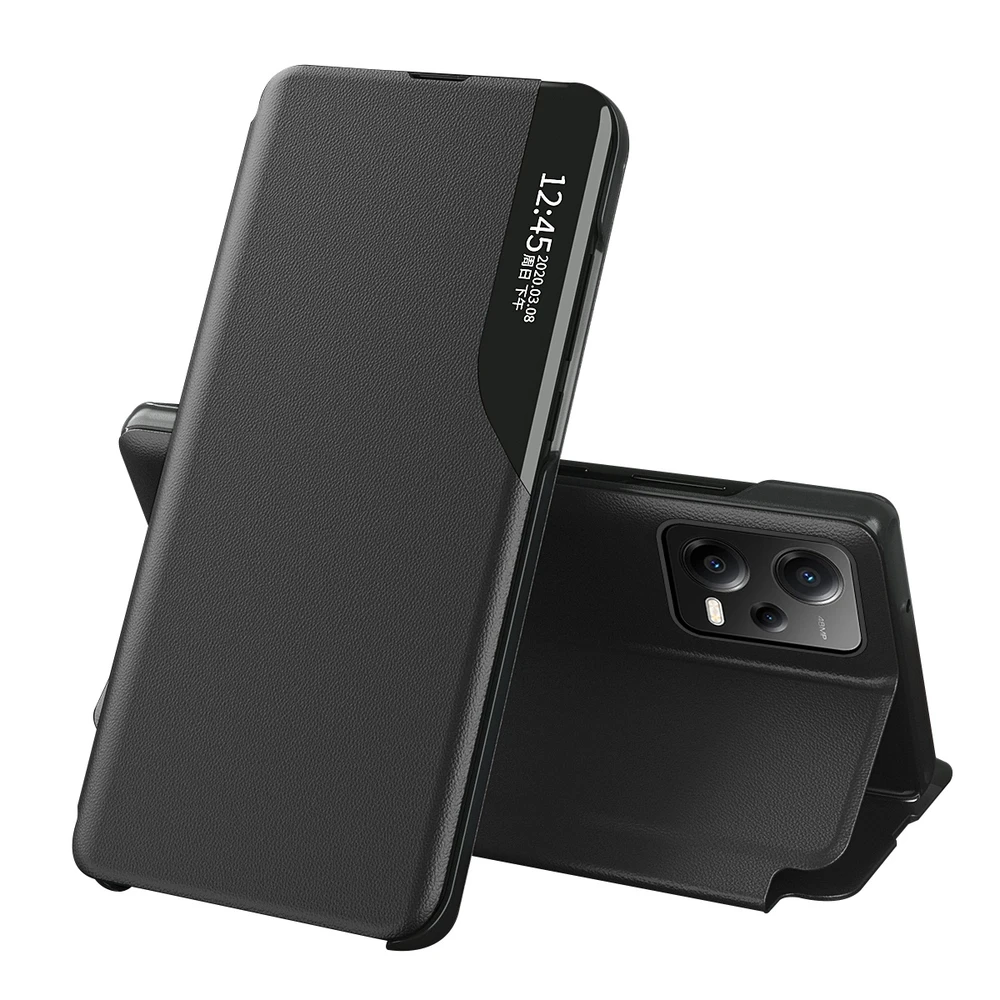 Hurtel Eco Leather View Xiaomi Redmi Note 12 Pro+ atverčiamas su stoveliu dėklas telefonui juodos spalvos