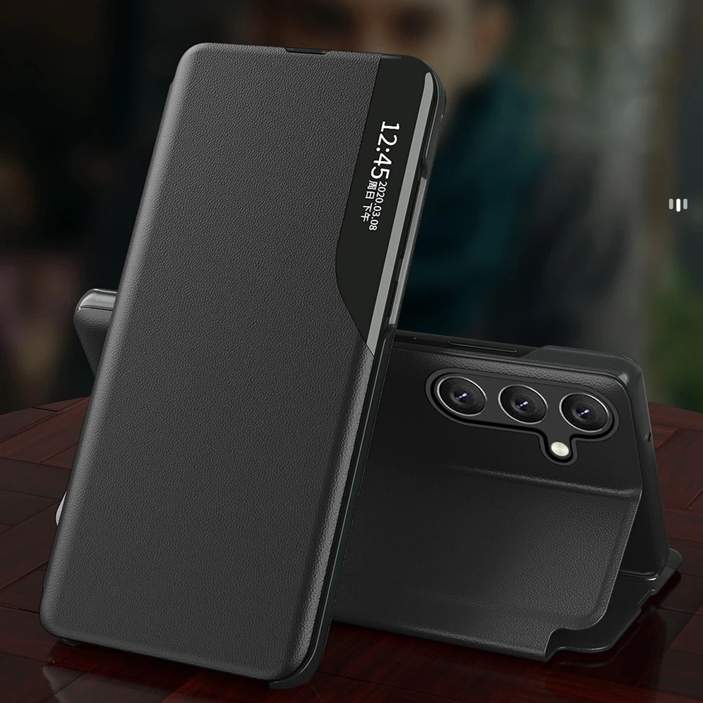 Hurtel Eco Leather View Xiaomi Redmi Note 12 Pro+ atverčiamas su stoveliu dėklas telefonui juodos spalvos