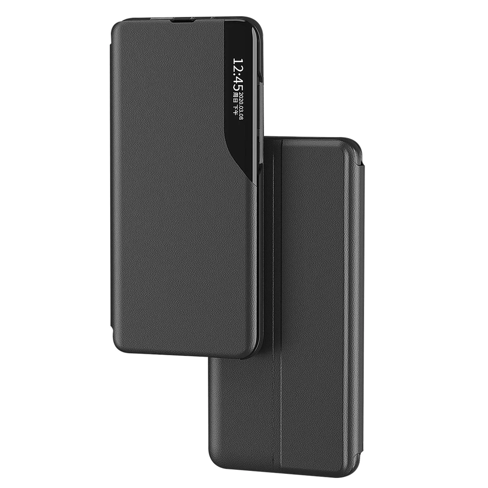 Hurtel Eco Leather View Xiaomi Redmi Note 12 Pro+ atverčiamas su stoveliu dėklas telefonui juodos spalvos