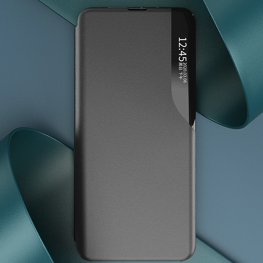 Hurtel Eco Leather View Xiaomi Redmi Note 12 Pro+ atverčiamas su stoveliu dėklas telefonui juodos spalvos