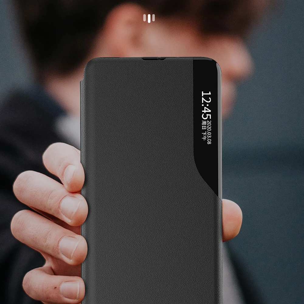 Hurtel Eco Leather View Xiaomi Redmi Note 12 Pro+ atverčiamas su stoveliu dėklas telefonui juodos spalvos