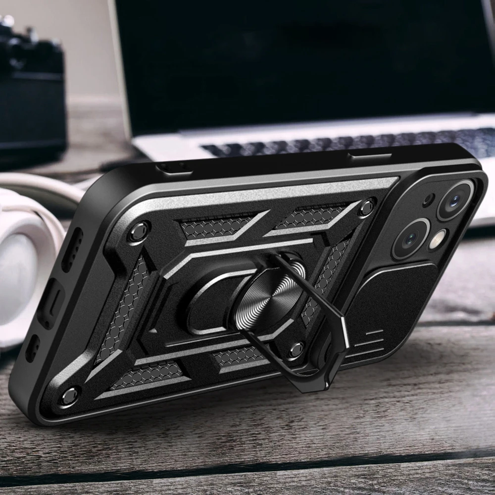 Hurtel Hybrid Armor Camshield su stoveliu Camera Apple iPhone 15 Plus - dėklas telefonui rožinės spalvos