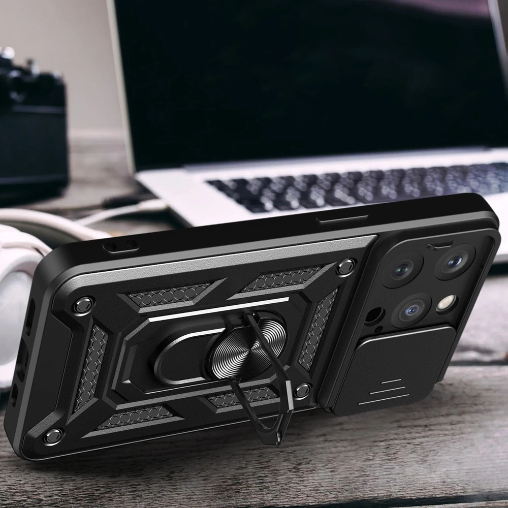 Hurtel Hybrid Armor Camshield su stoveliu ir camera Apple iPhone 15 Pro – dėklas telefonui rožinės spalvos