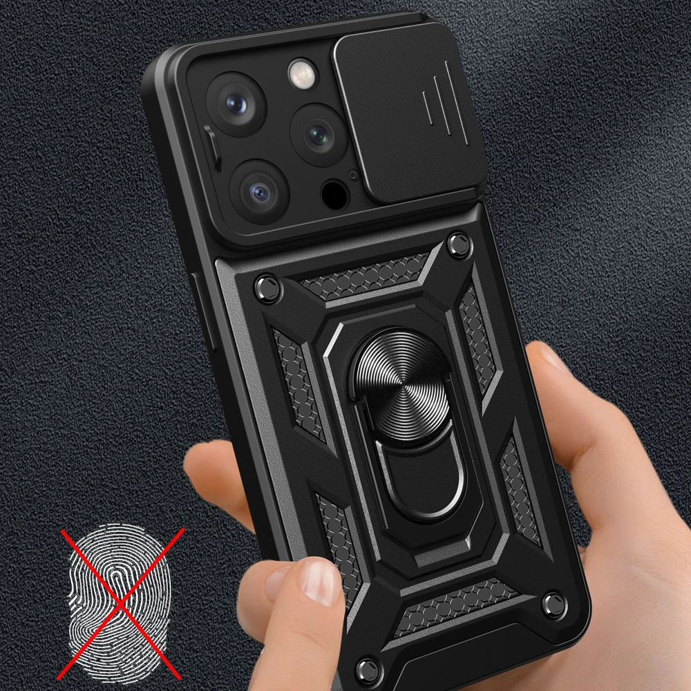 Hurtel Hybrid Armor Camshield iPhone 15 Pro Kicksu stoveliu ir Camera – dėklas telefonui mėlynos spalvos