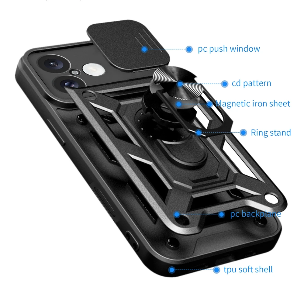 Hurtel Hybrid Armor Camshield Apple iPhone 16 Armored Camera Cover and Stand – dėklas telefonui juodos spalvos
